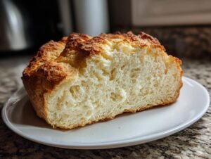 A thick slice of homemade soda bread showing its soft, airy crumb and golden crust, resting on a white plate.