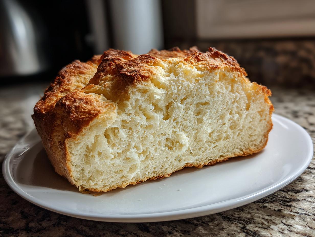 A thick slice of homemade soda bread showing its soft, airy crumb and golden crust, resting on a white plate.