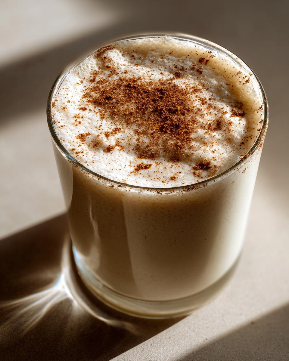 Close-up of a glass filled with creamy, frothy coquito, heavily dusted with ground cinnamon.