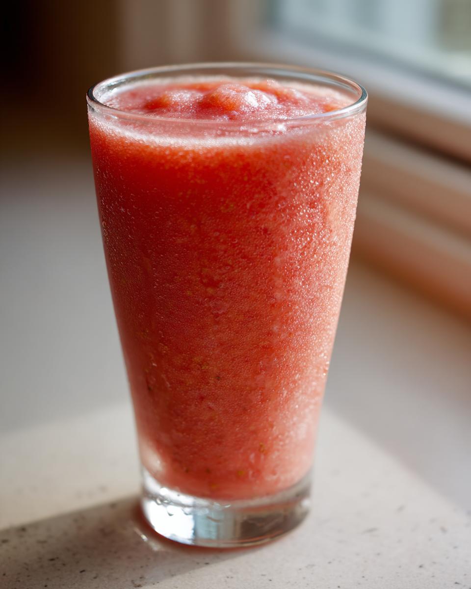 Close-up of a tall glass filled with a bright red, icy frozen strawberry daiquiri, condensation visible on the glass.