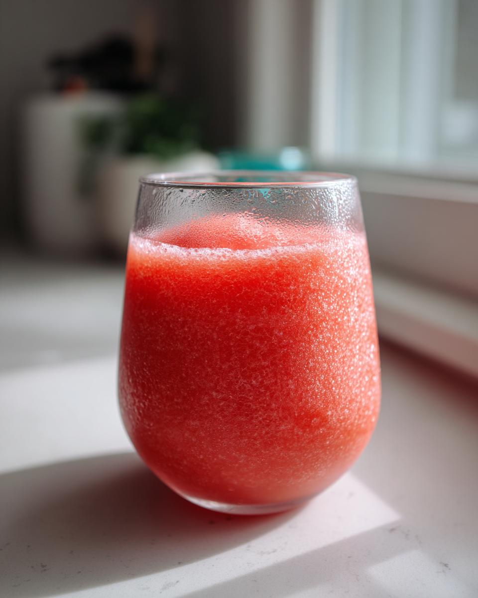 Close-up of a frosty glass filled with a bright red frozen strawberry daiquiri resting on a white counter.