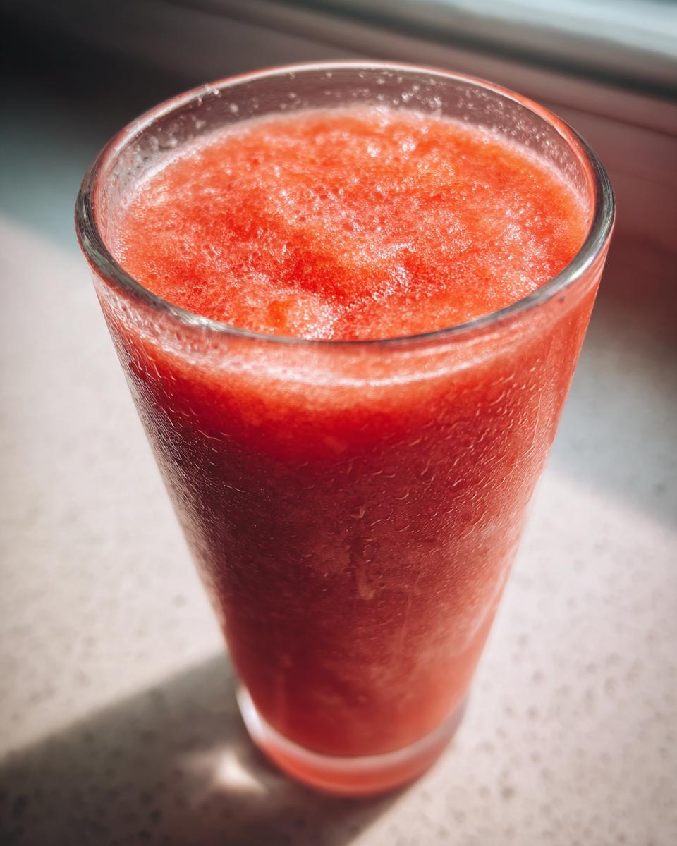 A tall glass filled with bright red, icy frozen strawberry daiquiri mixture, condensation visible on the glass.