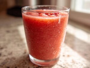 Close-up of a frosty glass filled with a bright red frozen strawberry daiquiri cocktail.