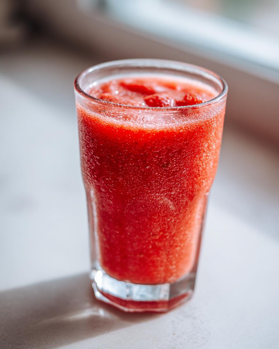 A tall glass filled with a bright red, icy frozen strawberry daiquiri, showing condensation on the glass.