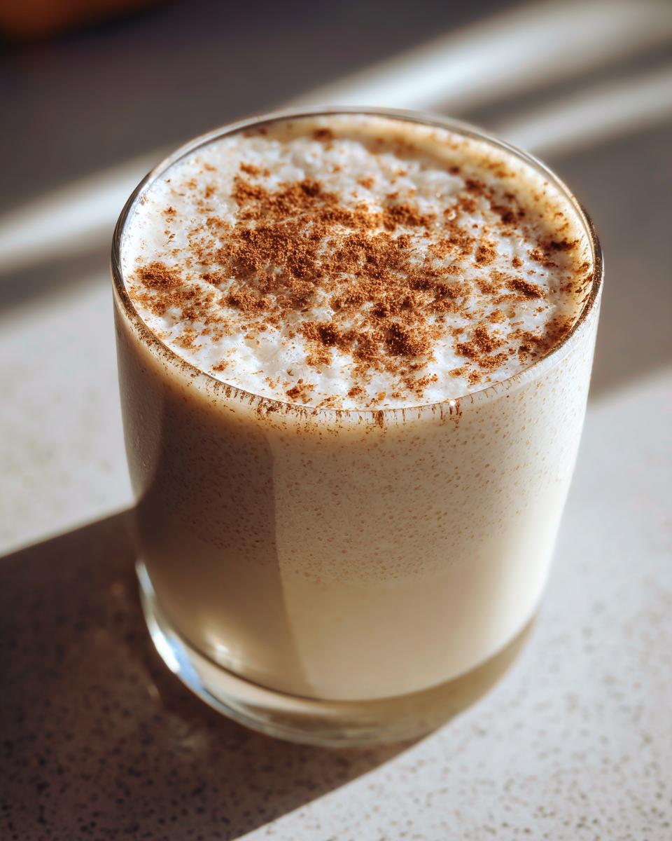 Close-up of a glass filled with creamy, frothy coquito, generously dusted with ground cinnamon.