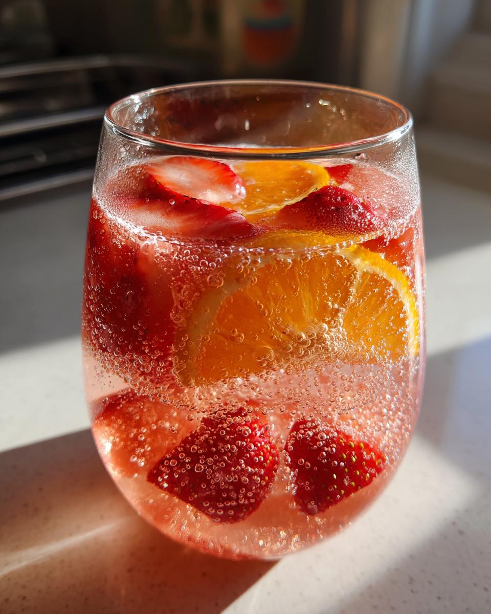 Close-up of a fizzy glass containing strawberry and orange slices in a pink champagne punch.