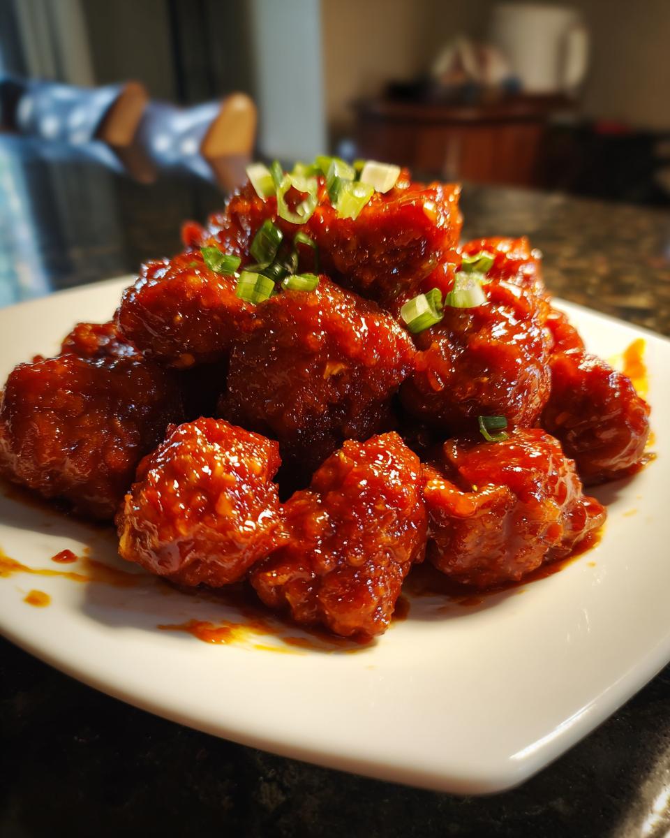 Close-up of crispy, glazed gochujang chicken pieces piled on a white plate and topped with chopped green onions.