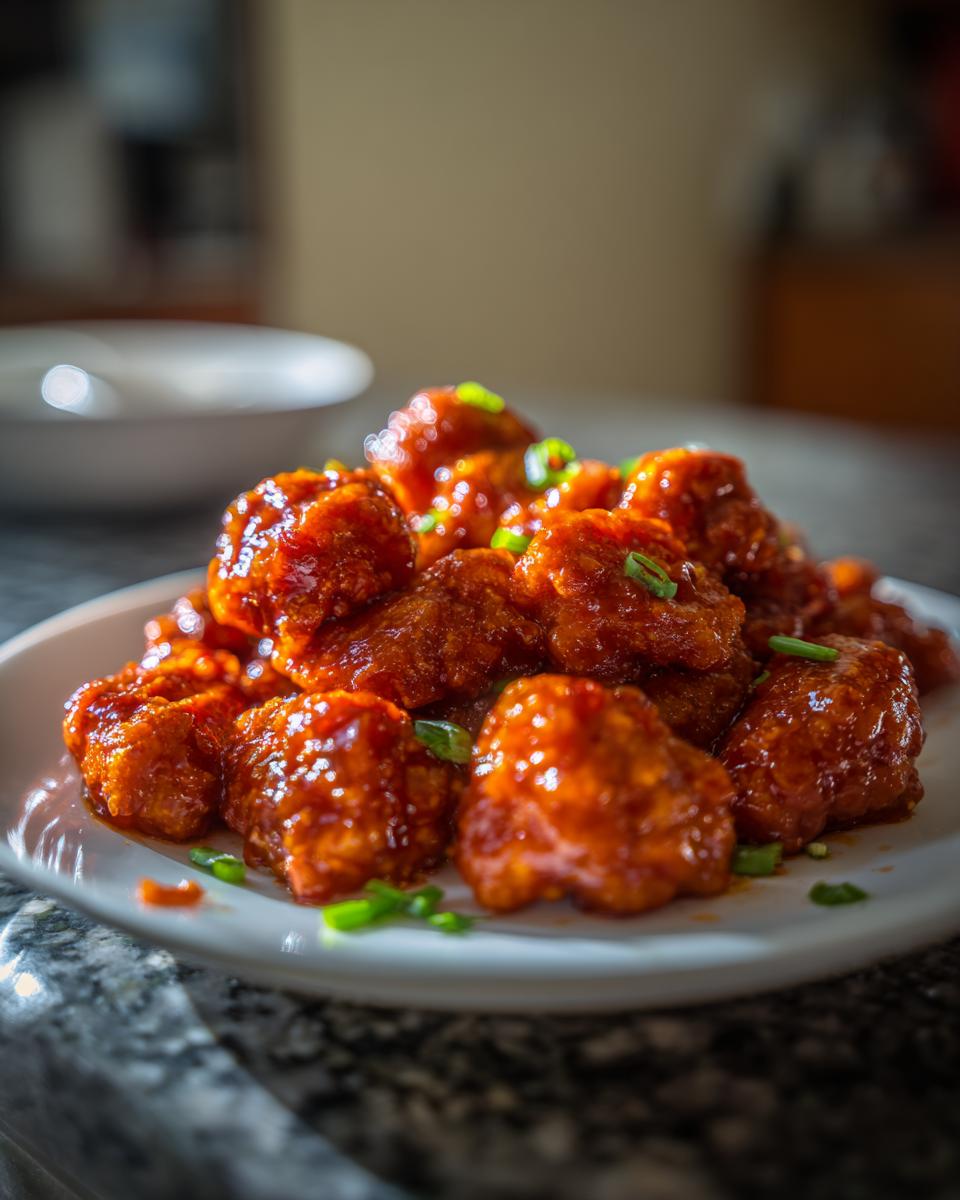 Close-up of sticky, bright red gochujang chicken pieces garnished with chopped green onions on a white plate.