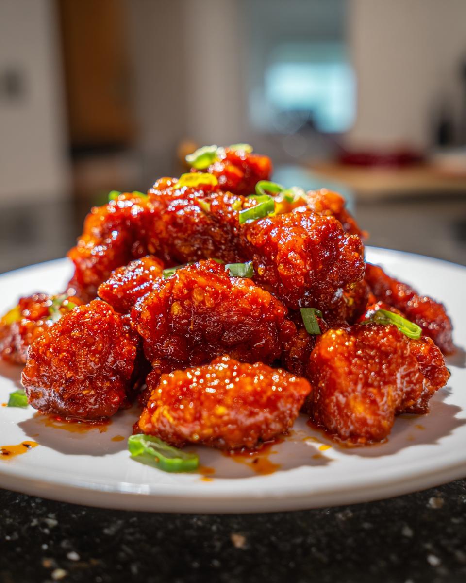 Close-up of crispy, glazed gochujang chicken pieces piled on a white plate and garnished with sliced green onions.