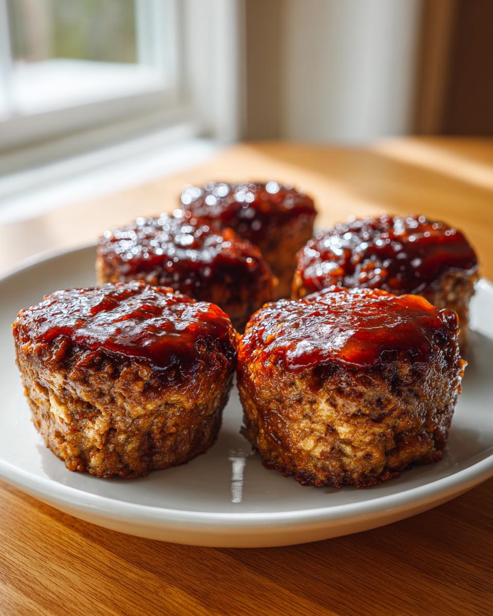 Four perfectly portioned mini meatloaf items topped with a thick, shiny brown glaze, resting on a white plate.