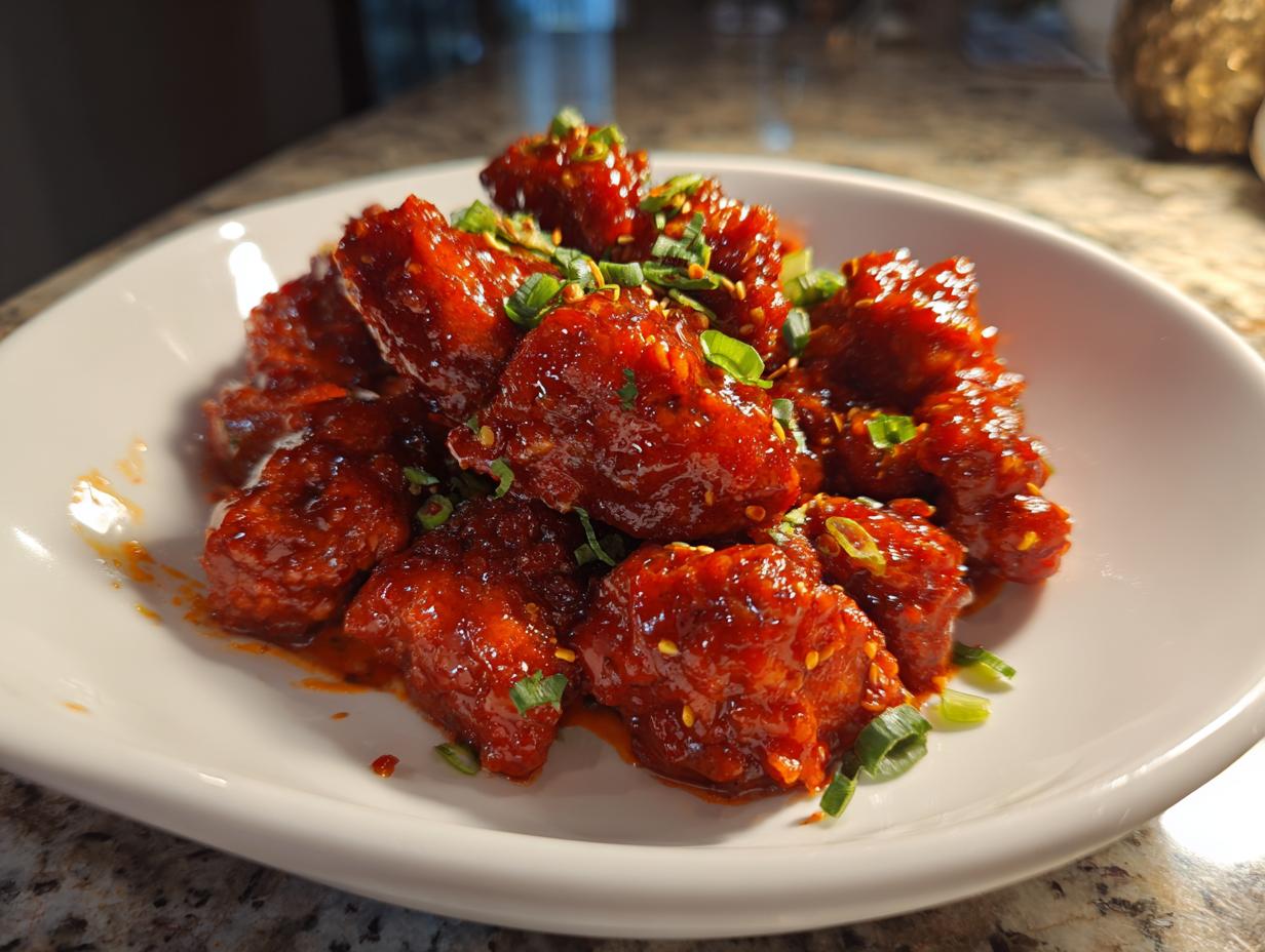 A close-up of crispy, glazed gochujang chicken pieces garnished with green onions and sesame seeds.