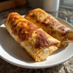 Two golden brown, crispy Baked Chicken Chimichangas resting on a white plate in bright sunlight.