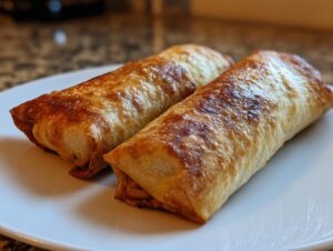 Two perfectly golden brown Baked Chicken Chimichangas resting on a white plate, fresh from the oven.