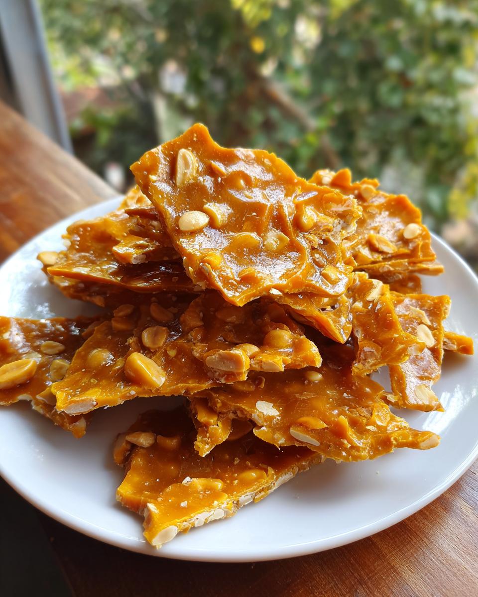 Close-up of broken pieces of golden, glossy peanut brittle recipe stacked on a white plate.