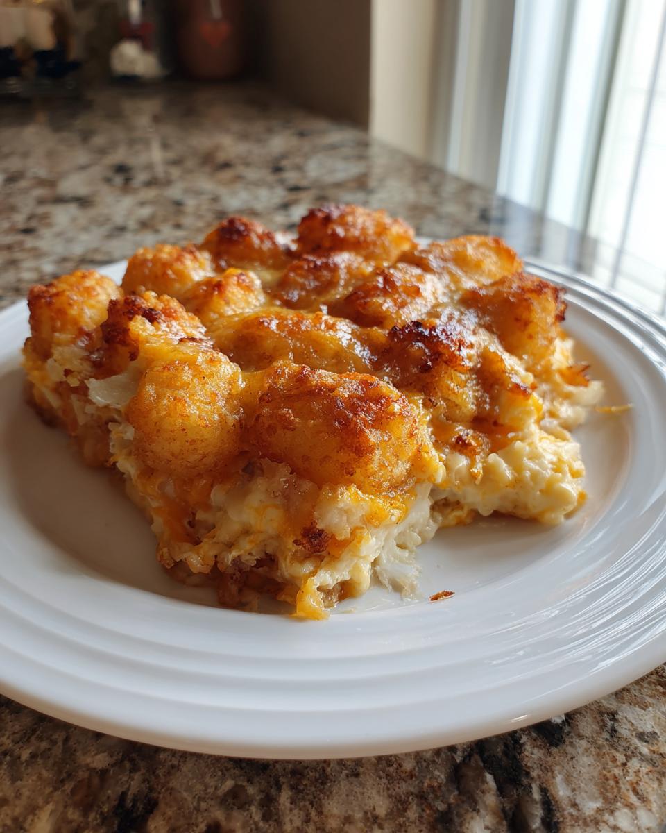 A serving of cheesy, baked tater tot casserole with crispy tots on top, resting on a white plate.