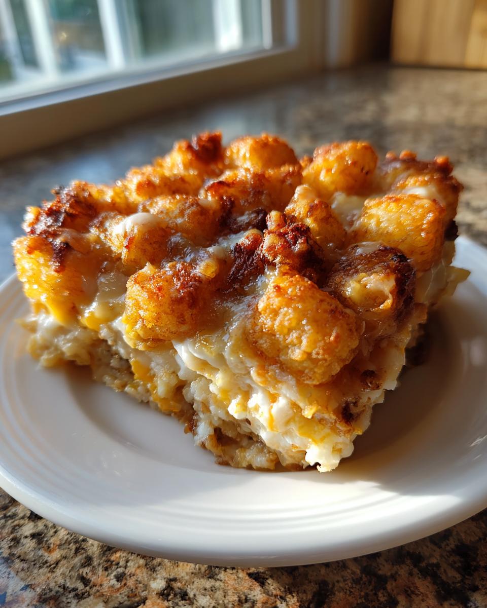 A square serving of cheesy, baked tater tot casserole with crispy golden brown tots on top.