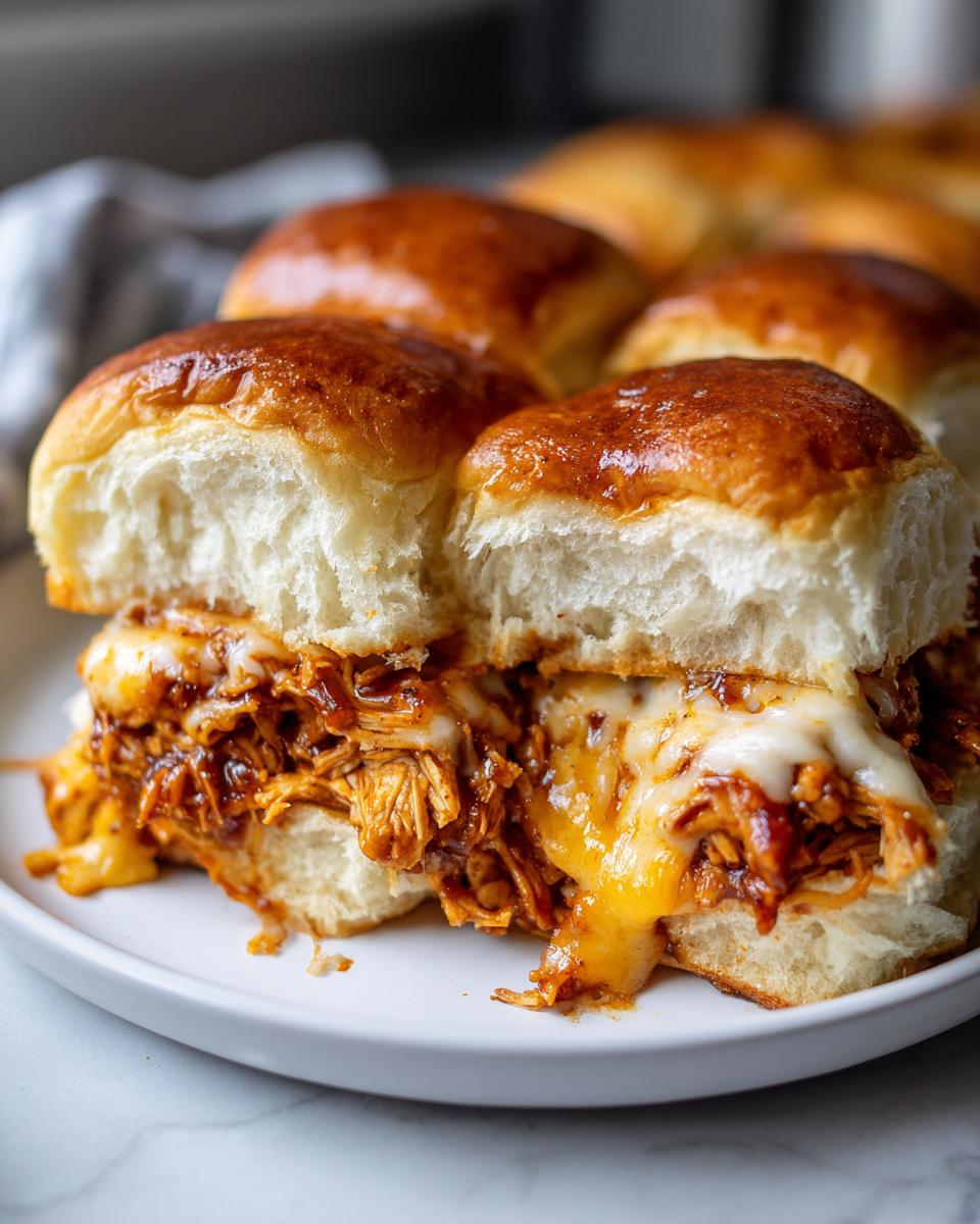 Close-up of a gooey bbq chicken sliders sandwich overflowing with shredded chicken and melted cheese on a soft bun.