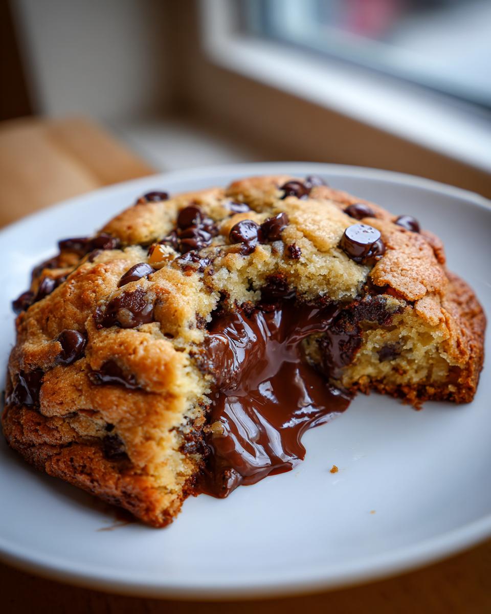 A thick, warm levain bakery chocolate chip cookie broken open to show molten, gooey chocolate center.