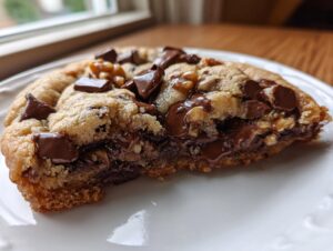 A close-up, cross-section view of a thick, underbaked levain bakery chocolate chip cookie showing melted chocolate pools and walnuts.