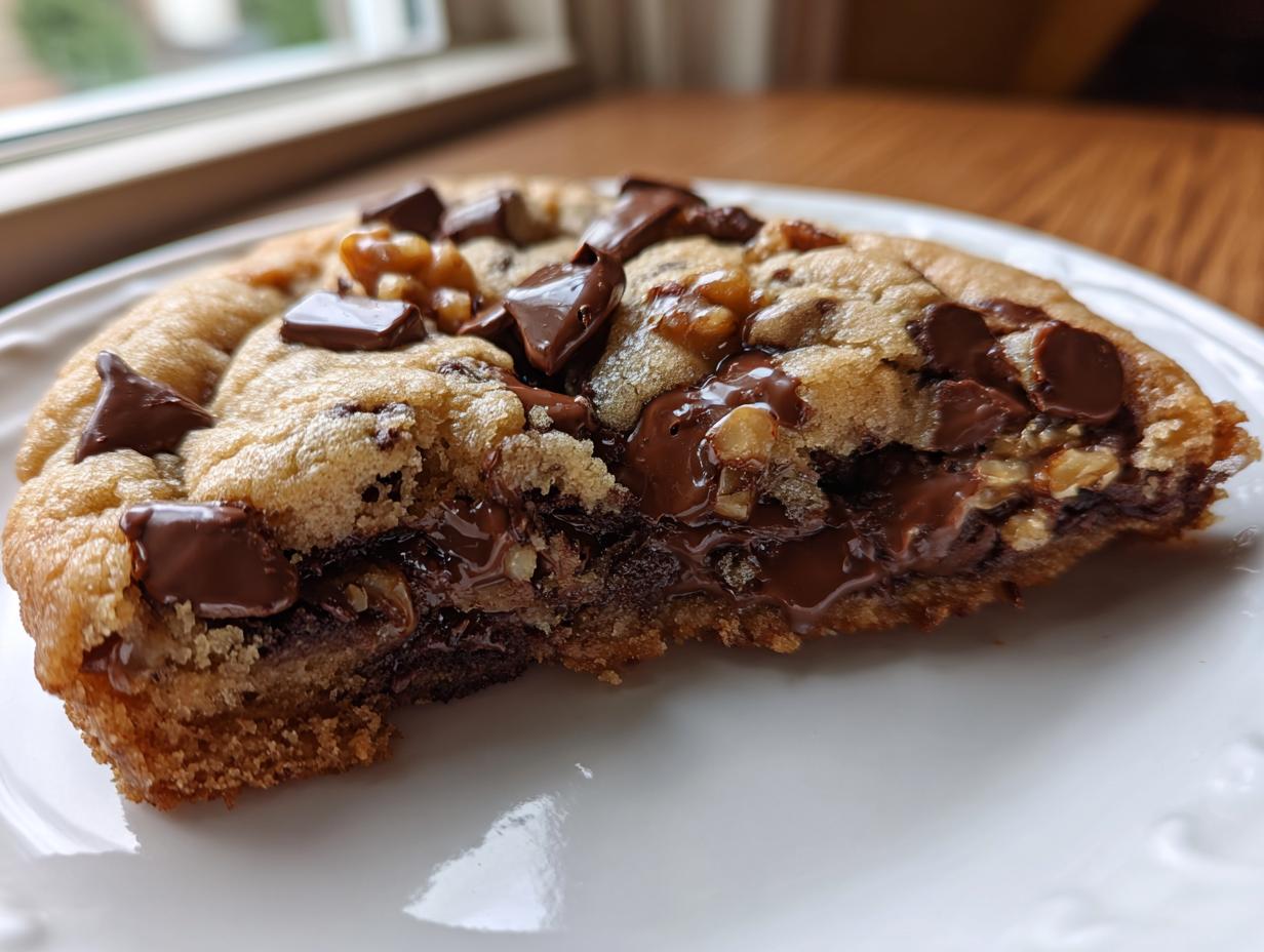 A close-up, cross-section view of a thick, underbaked levain bakery chocolate chip cookie showing melted chocolate pools and walnuts.