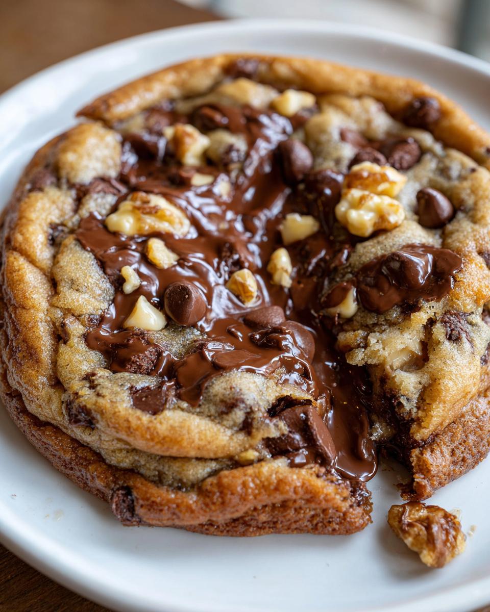 Close-up of a thick, gooey levain bakery chocolate chip cookie with melted chocolate pools and walnuts.