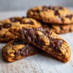 Close-up of a vegan chocolate chip cookie broken in half showing a gooey, melted chocolate center.