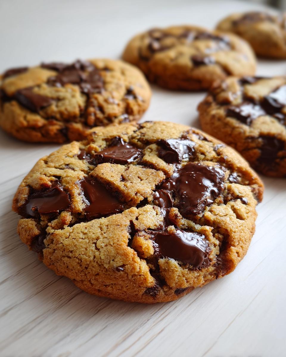 A close-up of a freshly baked vegan chocolate chip cookie with melted chocolate chunks on a light wooden surface.