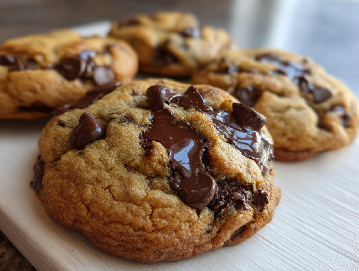 A close-up of a freshly baked, soft vegan chocolate chip cookie with melted chocolate pools.