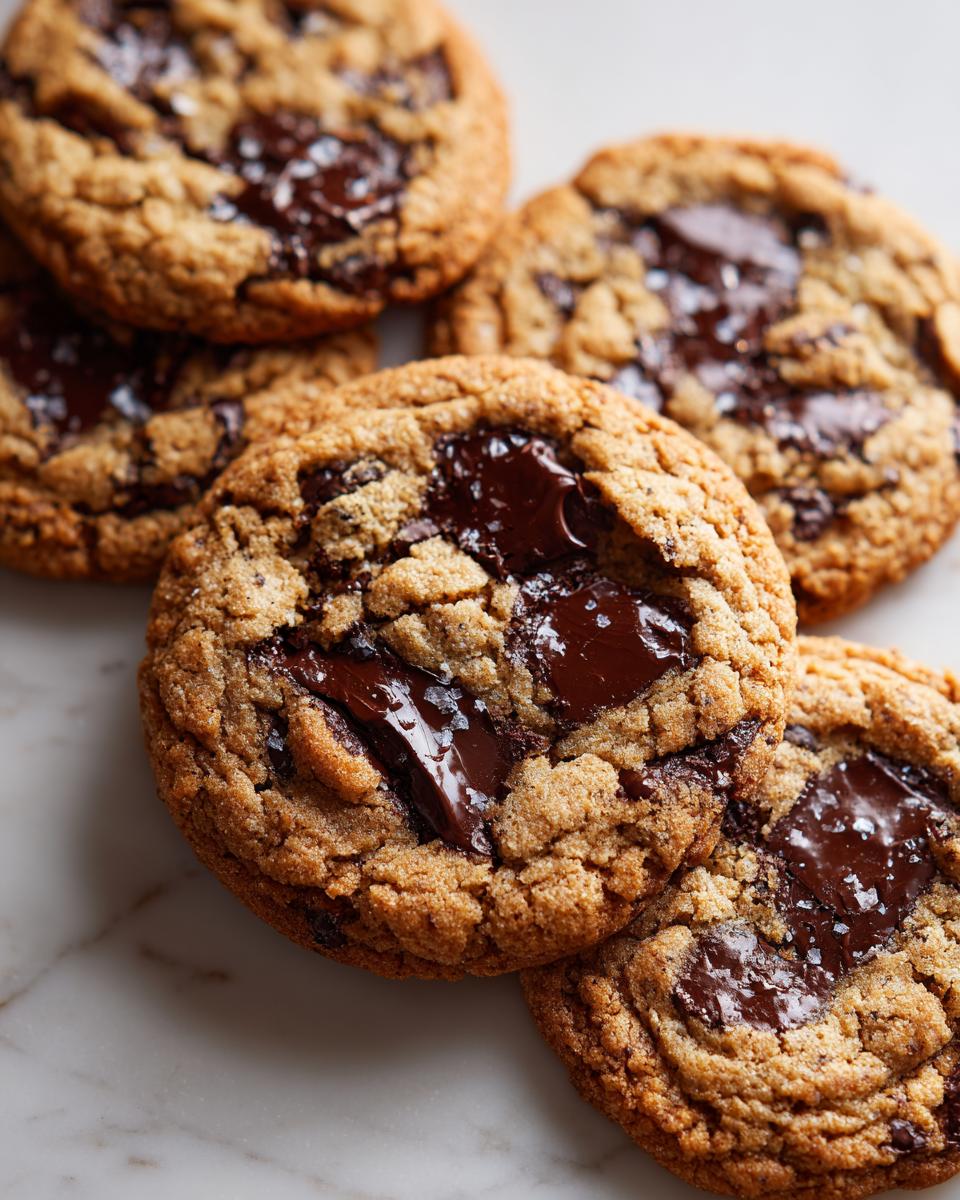 A close-up stack of freshly baked vegan chocolate chip cookies with melted chocolate pools on a white marble surface.