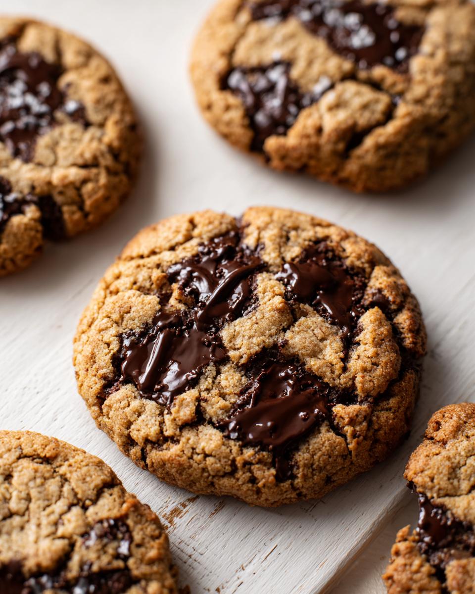Close-up of several gooey vegan chocolate chip cookies with melted dark chocolate pools on a white wooden surface.