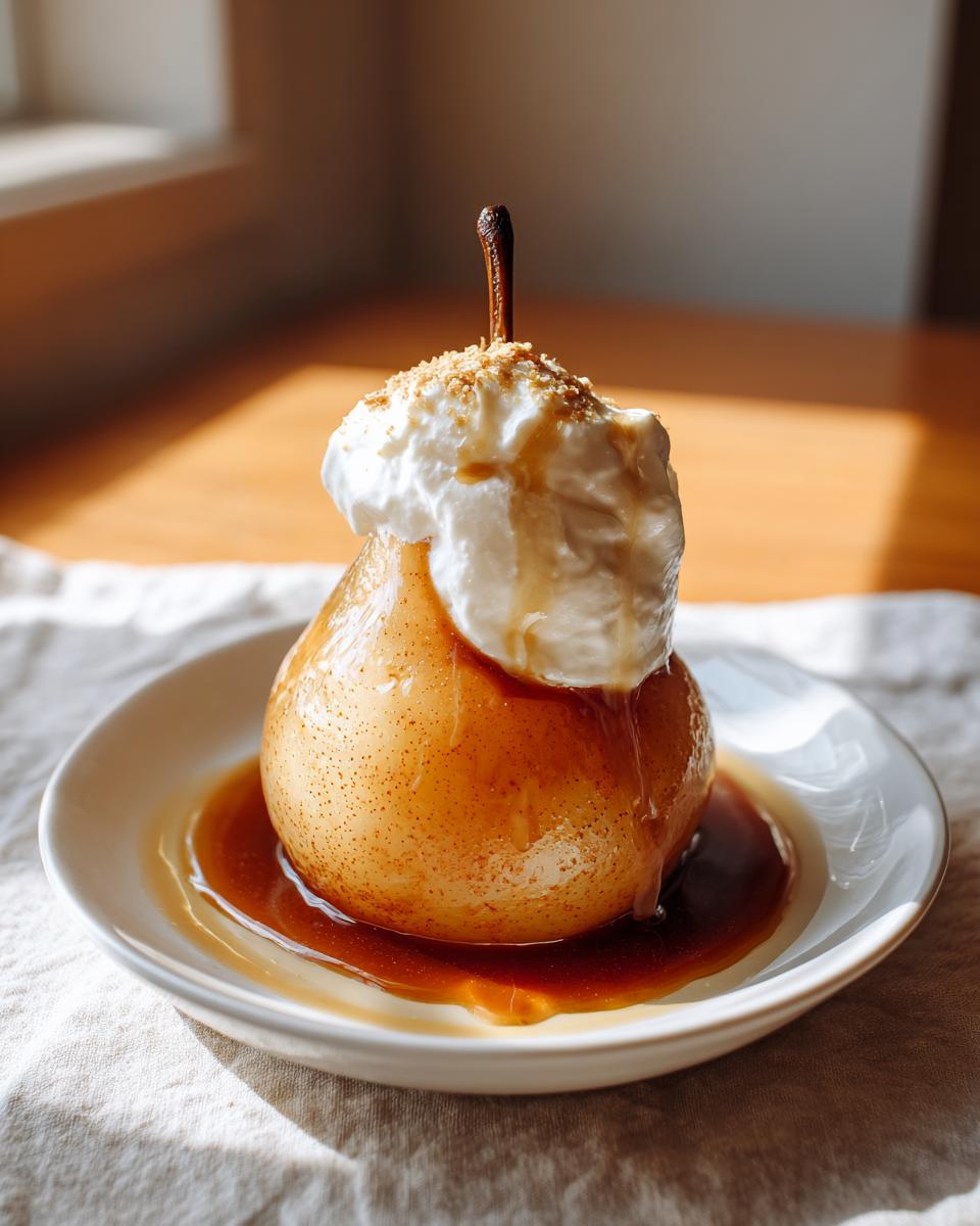 A single, beautifully caramelized poached pear topped with whipped cream, syrup drizzle, and crumbs, served in a white bowl.