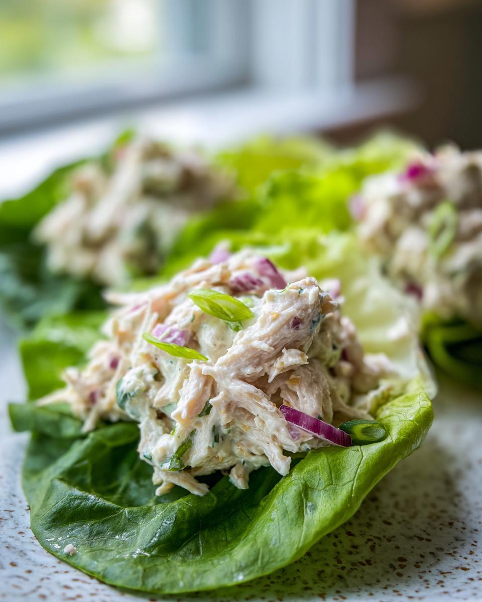 Close-up of shredded chicken salad made with greek yogurt chicken salad served in crisp lettuce cups, topped with red onion.