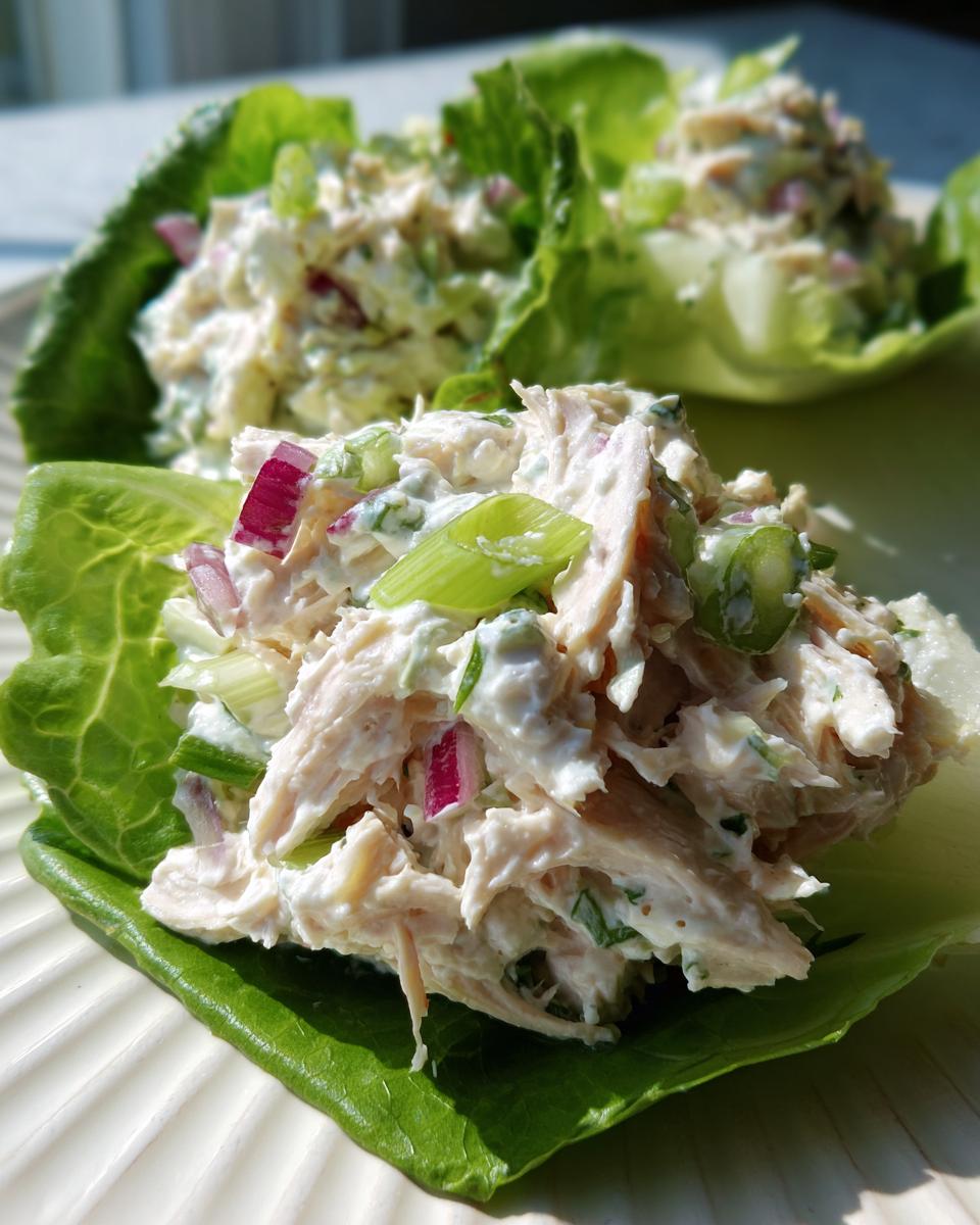 Close-up of greek yogurt chicken salad served in crisp lettuce cups with red onion and celery.