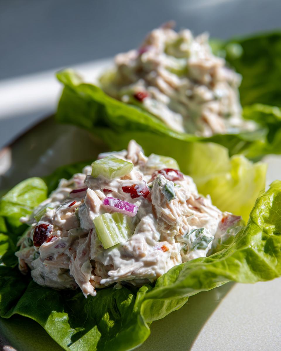 Close-up of creamy greek yogurt chicken salad served in crisp lettuce cups with visible celery and cranberries.