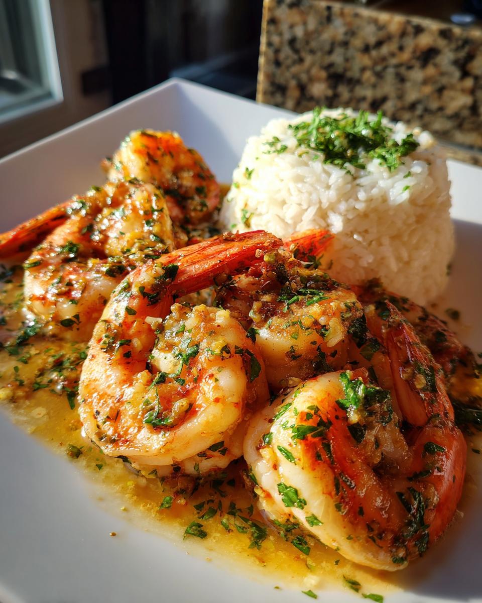 Close-up of juicy hawaiian garlic shrimp coated in garlic butter sauce, served alongside a mound of white rice topped with parsley.