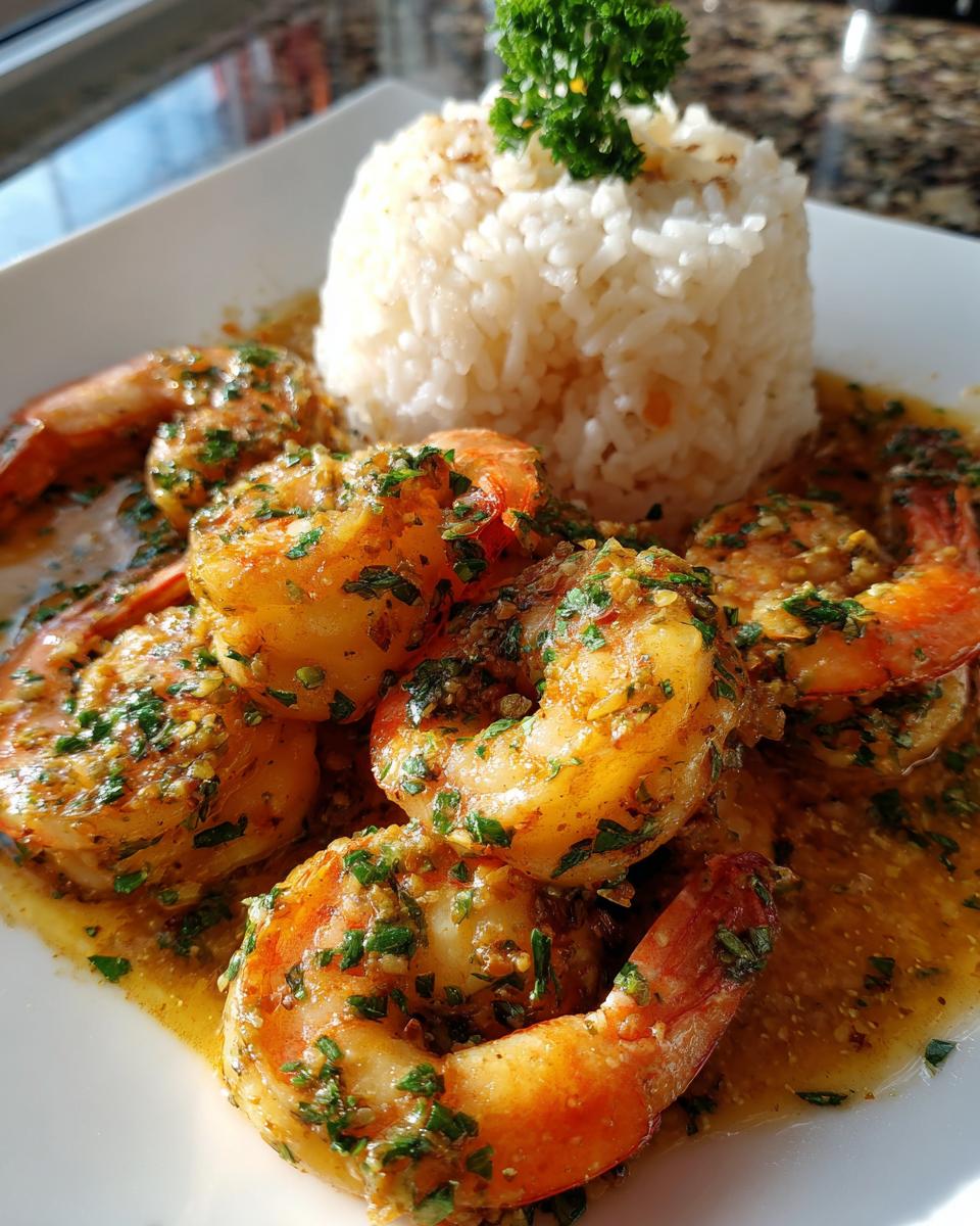 Close-up of juicy hawaiian garlic shrimp coated in garlic butter sauce and parsley, served next to a mound of white rice.