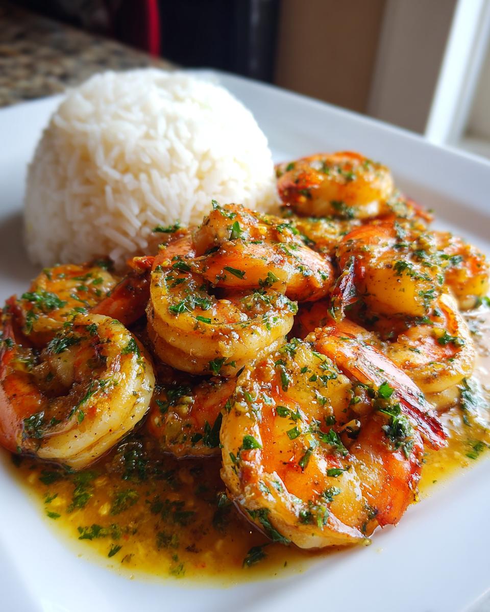 Close-up of juicy hawaiian garlic shrimp coated in garlic butter sauce and parsley, served next to a mound of white rice.