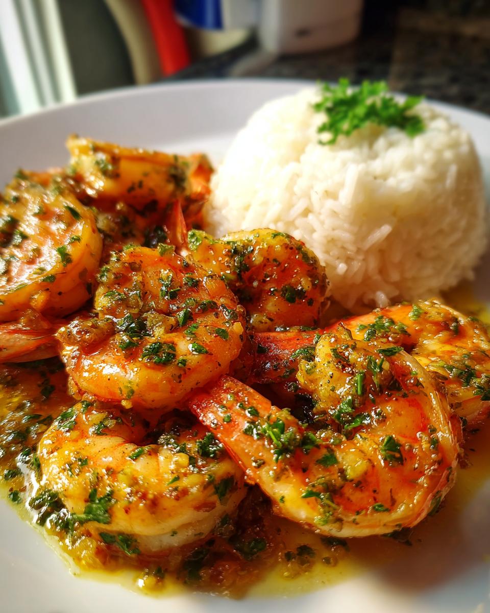 Close-up of juicy hawaiian garlic shrimp coated in garlic butter sauce served next to a mound of white rice.