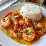 Close-up of juicy Hawaiian garlic shrimp swimming in butter sauce next to a mound of white rice.