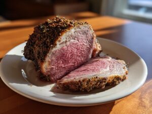 A thick slice of medium-rare rib roast, crusted with herbs, resting next to the main roast on a white plate.