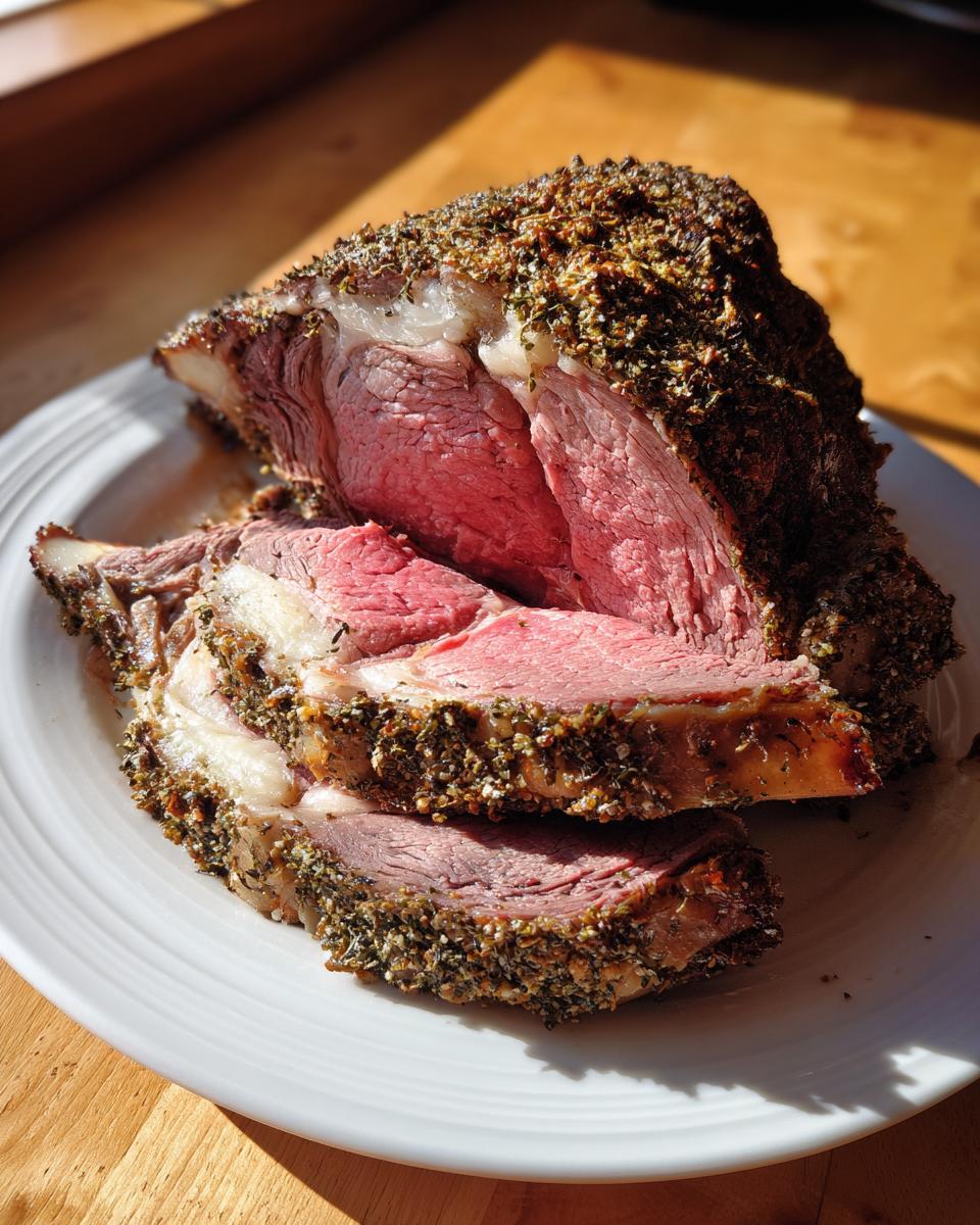 Close-up of a perfectly cooked, medium-rare rib roast sliced on a white plate, showing the herb crust.