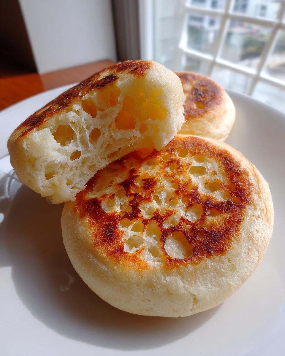 Close-up of a toasted homemade english muffin, showing its signature porous interior texture.