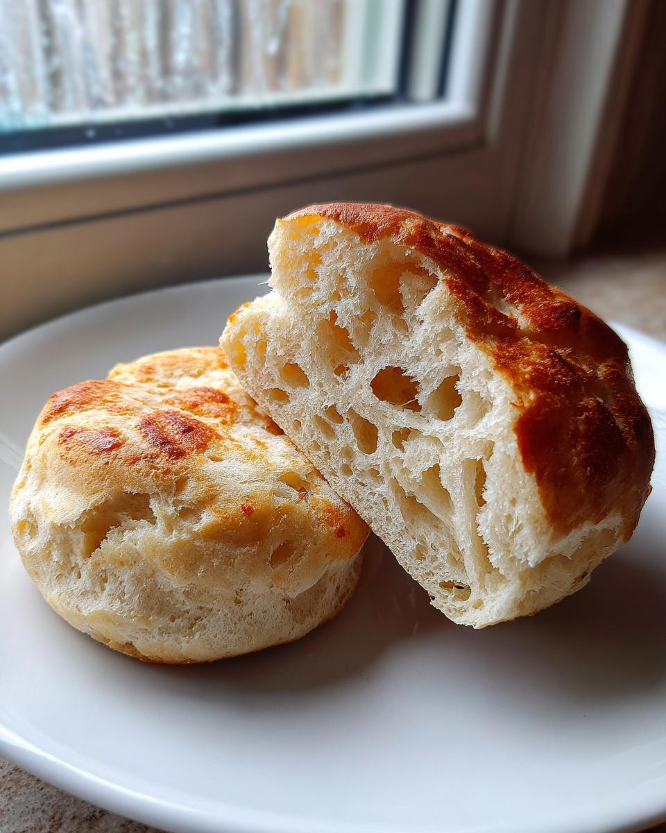 Close-up of a homemade english muffin cut in half showing the airy, open crumb structure and golden top.