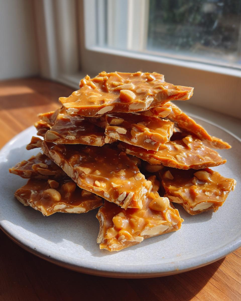 A stack of golden, broken pieces of homemade peanut brittle recipe resting on a light gray plate near a window.