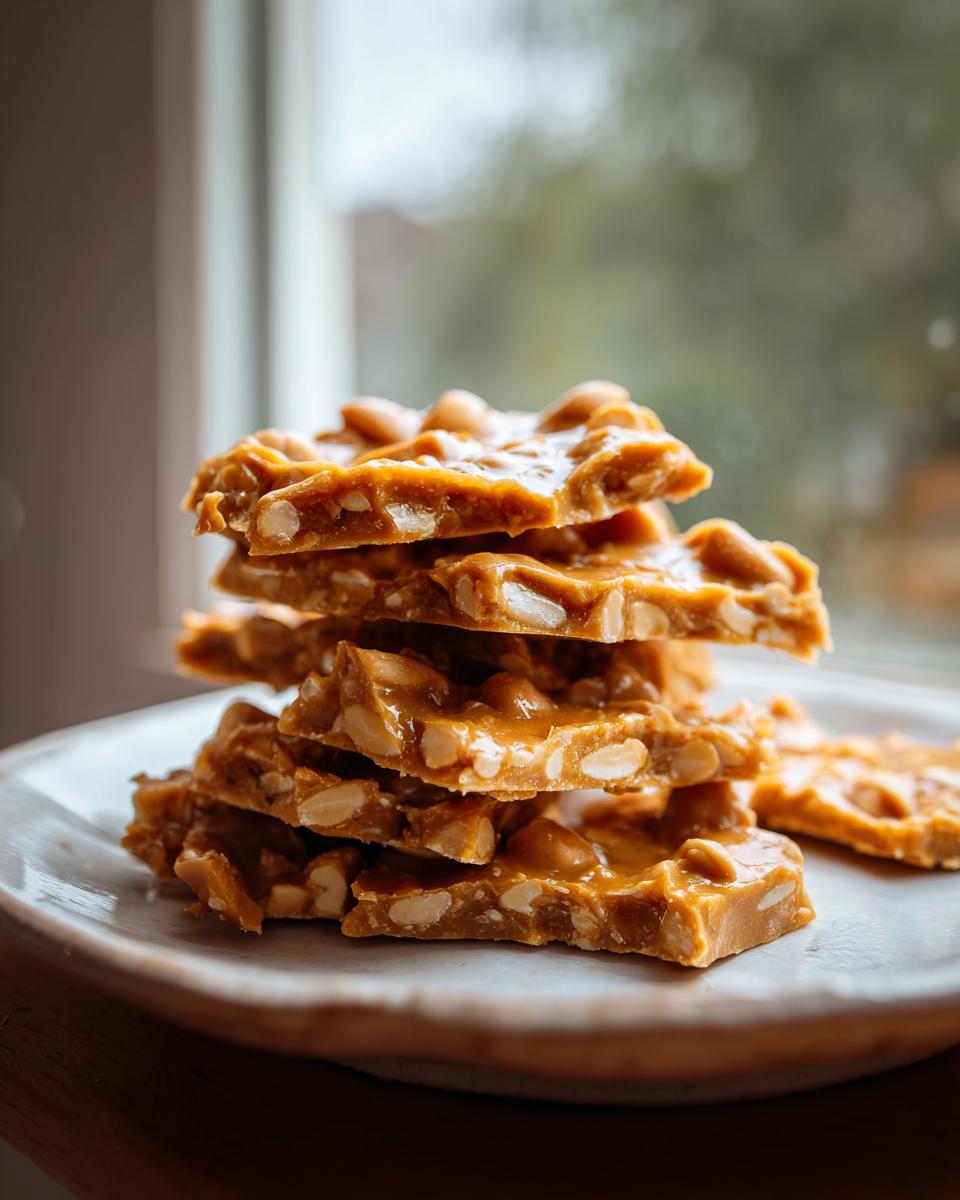A stack of freshly broken pieces of homemade peanut brittle recipe resting on a light-colored plate.