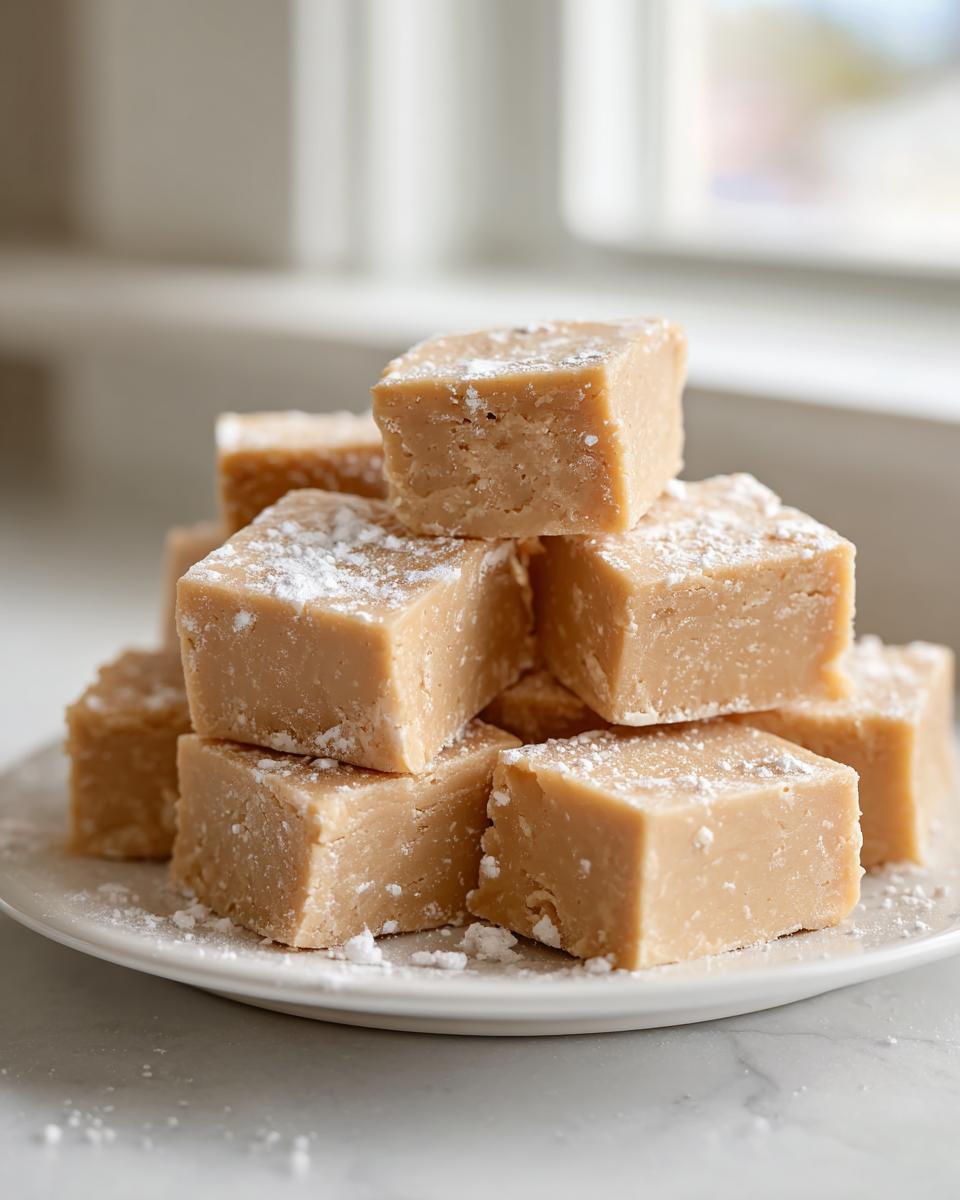 A tempting stack of light brown peanut butter fudge squares dusted lightly with powdered sugar on a white plate.