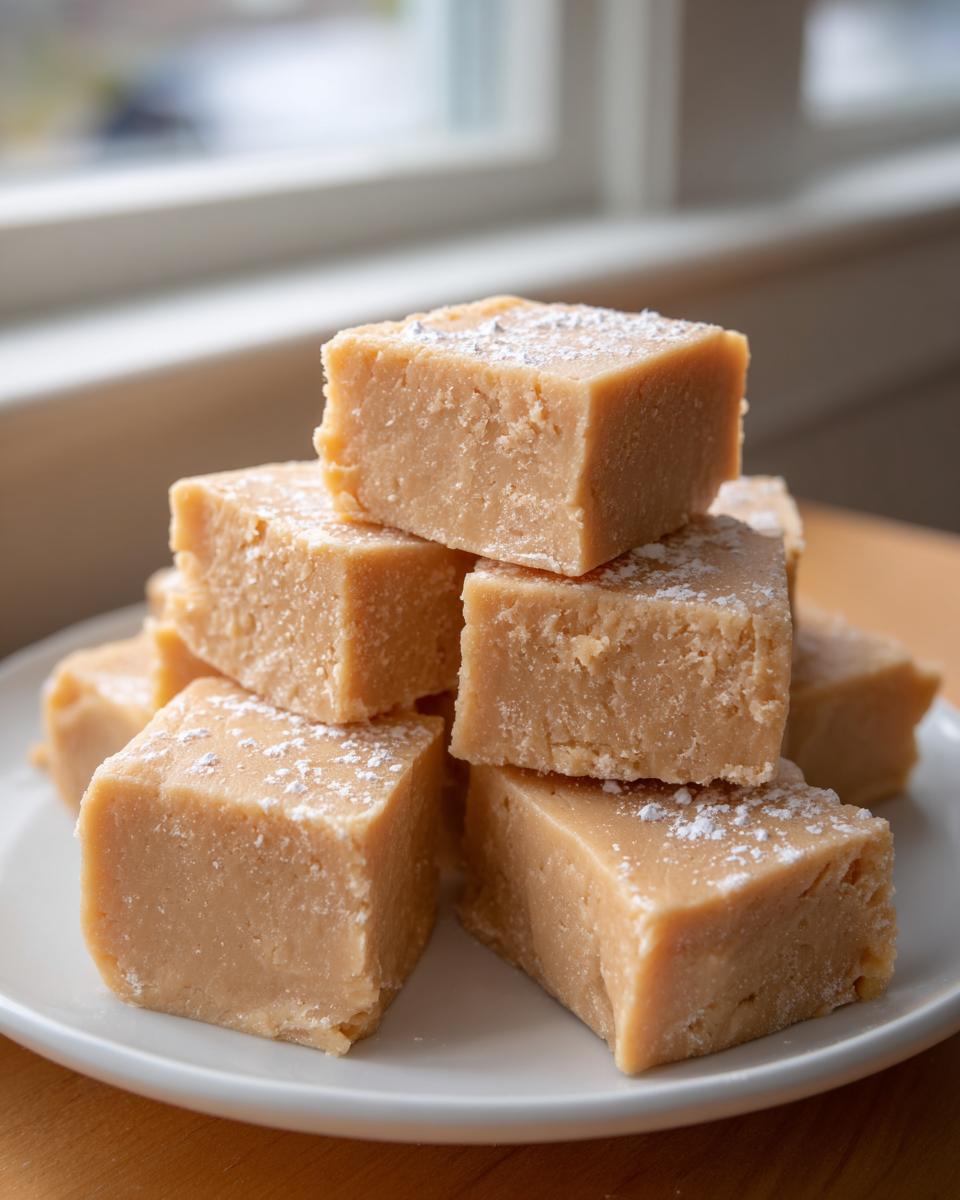 A stack of creamy, light brown peanut butter fudge squares dusted lightly with powdered sugar on a white plate.