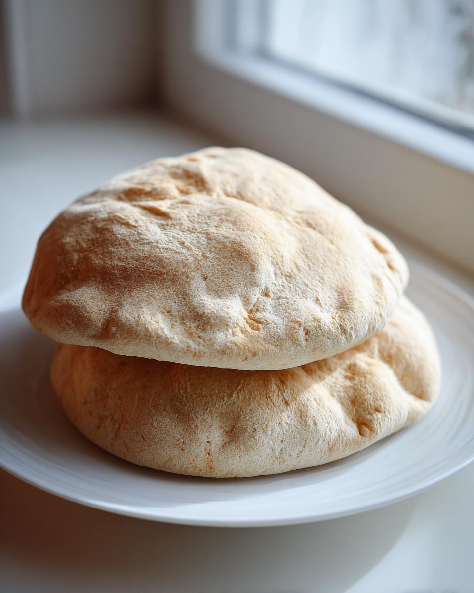 Two freshly baked, fluffy pita bread rounds stacked on a white plate near a bright window.