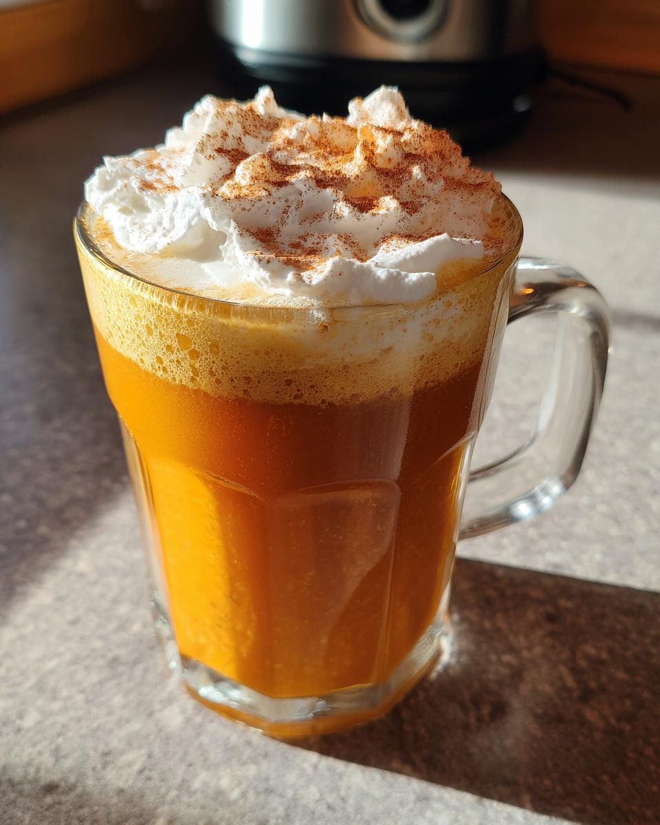 A tall glass mug filled with a vibrant orange pumpkin spice latte, topped with whipped cream and a dusting of cinnamon.