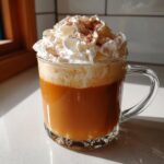 A glass mug filled with a rich, orange pumpkin spice latte topped high with whipped cream and cinnamon dusting.